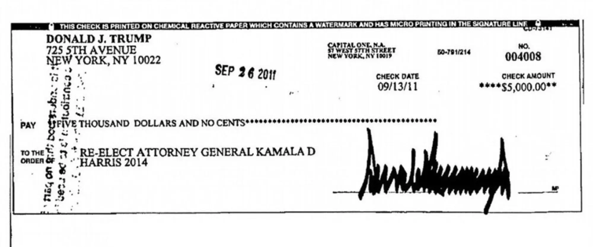 Black and white scan of a canceled check from Donald Trump to Kamala Harris's campaign dated 2011