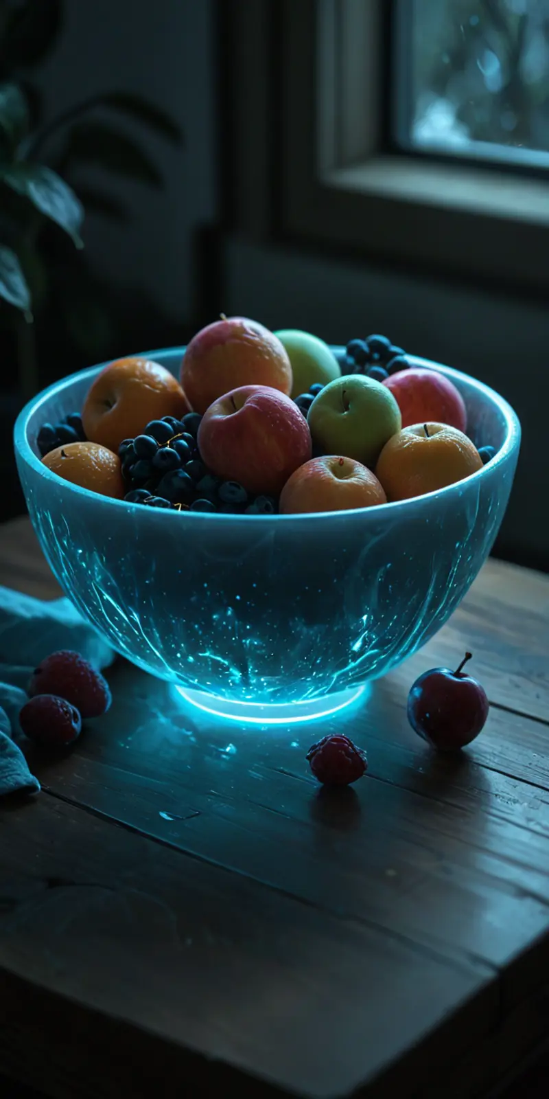 A bowl filled with various fruits on a wooden surface, emitting a soft blue glow that illuminates the fruits from below. The natural light from the window contrasts with the artificial luminescence of the bowl, highlighting the freshness and vibrant colors of the fruit. 