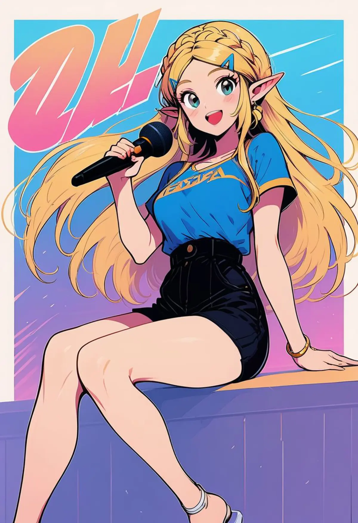 A young woman with pointed ears and blonde hair. She dressed in a blue top and black shorts, holding a microphone seated on what appears to be a stage, bathed in pink hues that add a vibrant and energetic mood to the scene. 