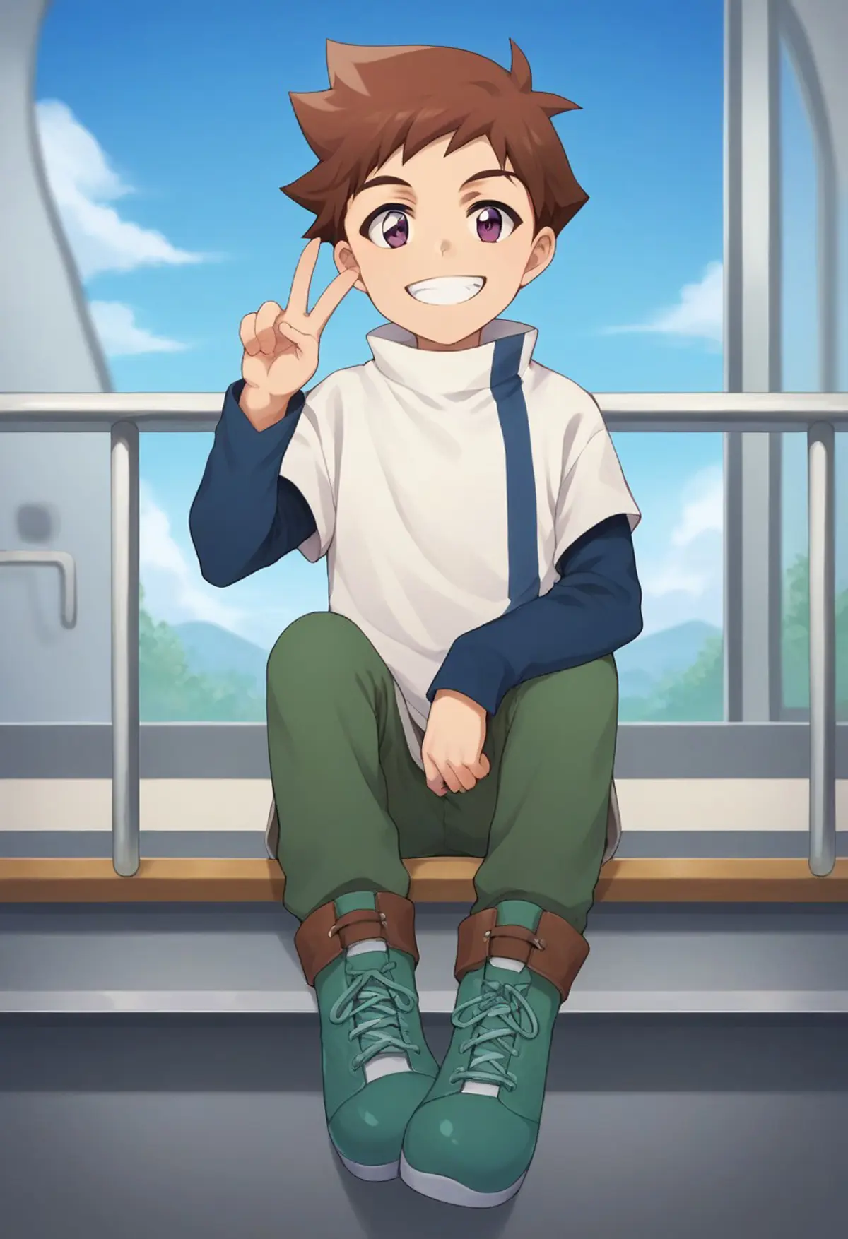A young boy with brown hair and purple eyes is seated on a balcony railing making a peace sign with his right hand while smiling broadly. He is dressed casually in a white short sleeve shirt with a high collar over a blue long sleeve shirt, green pants, and teal boots. 