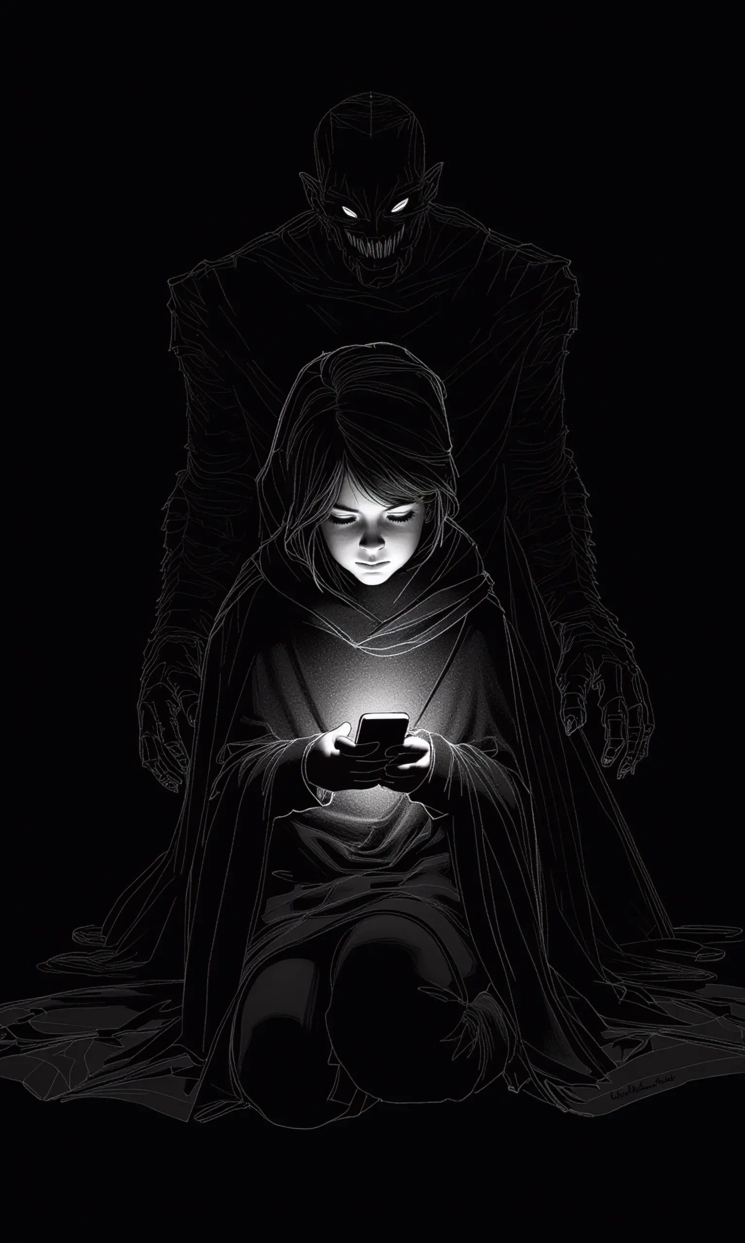 A seated figure shrouded in a cloak holding a phone, emitting light illuminating her face. Behind her stands another figure, taller and more imposing, with glowing eyes and bearing jagged teeth in an expression that suggests menace or aggression. Both figures are detailed with intricate lines that give them an ethereal quality against the black background. 