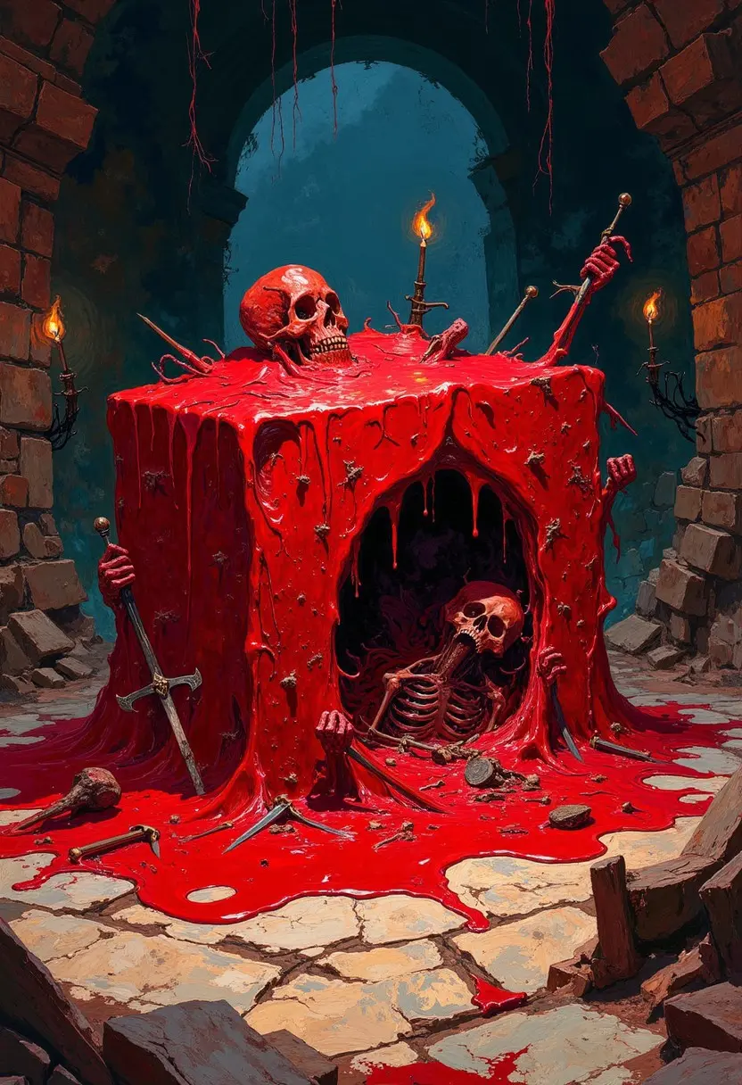 A macabre scene set within what appears to be an ancient dungeon chamber. At the center stands a large cube covered in a glossy, dripping red substance. Two human skulls are prominently featured; one is seated atop the cube, while another lies within it, still attached to its skeleton, which is lying in a reclined position. Scattered around on the ground are various bones, and weapons. The backdrop is composed of stone walls with torches affixed to them, casting eerie shadows and providing dim illumination.