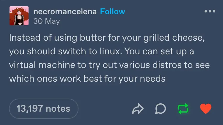 Tumblr post from necromancelena, reading "Instead of using butter for your grilled cheese, you should switch to linux. You can set up a virtual machine to try out various distros to see which ones work best for your needs"