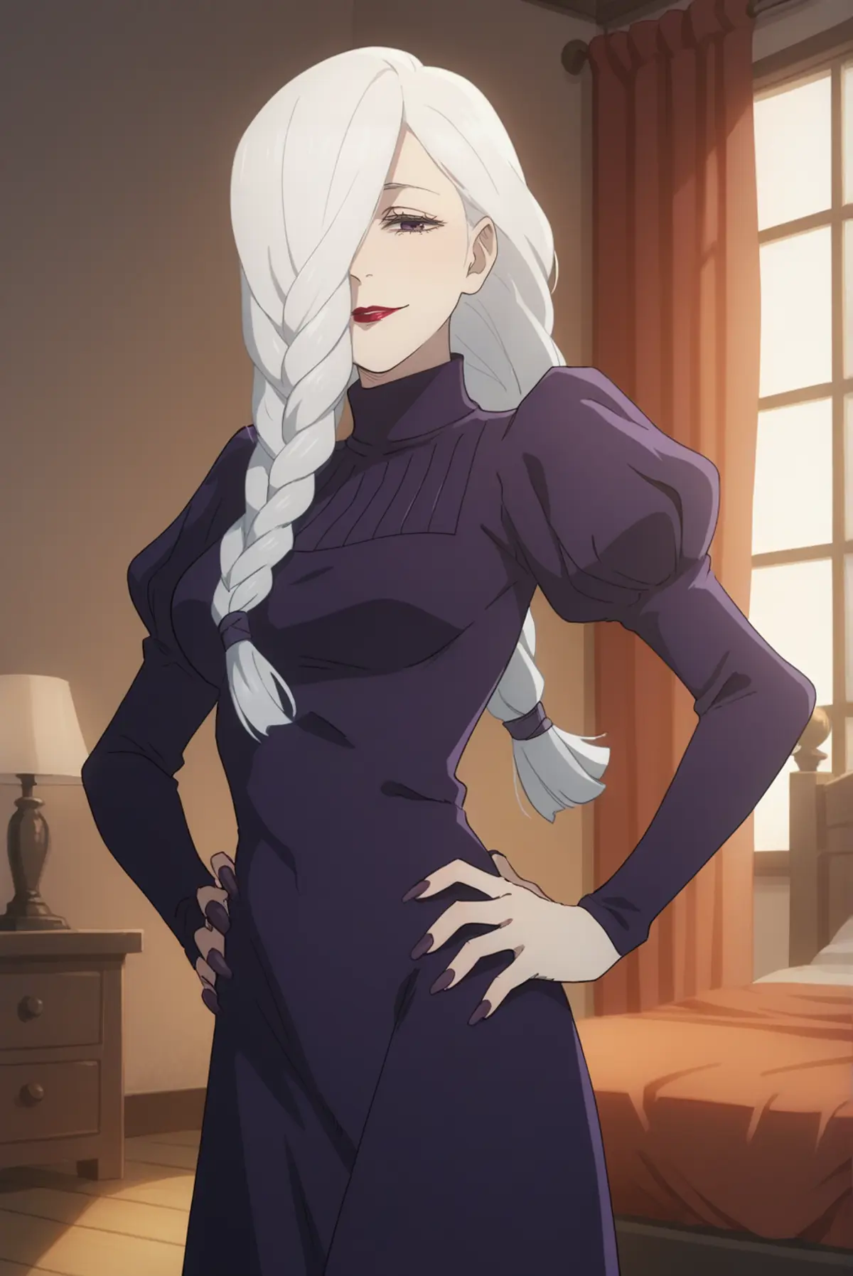 A woman with long, braided white hair standing confidently in a room with warm lighting. She is wearing a form-fitting, long-sleeved blue dress with a high collar and puffy shoulders. The background features a neatly made bed and a window with curtains drawn aside.